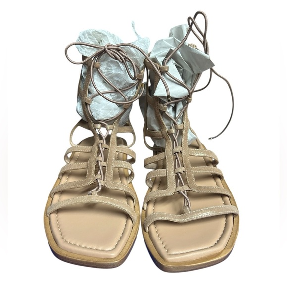 NIB Stuart Weitzman Kora Lace Up Gladiator Shimmer Suede Taupe Sandals 4.5 - Picture 2 of 9